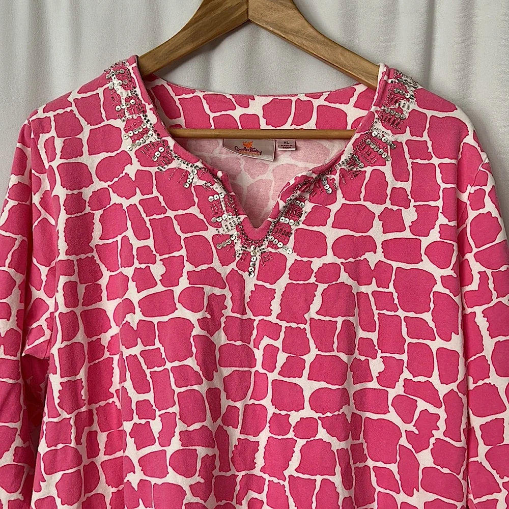 Quaker Factory Pink Giraffe Print Sequins Beaded 3/4 Sleeve Shirt Top **Sz XL** - Picture 3 of 4